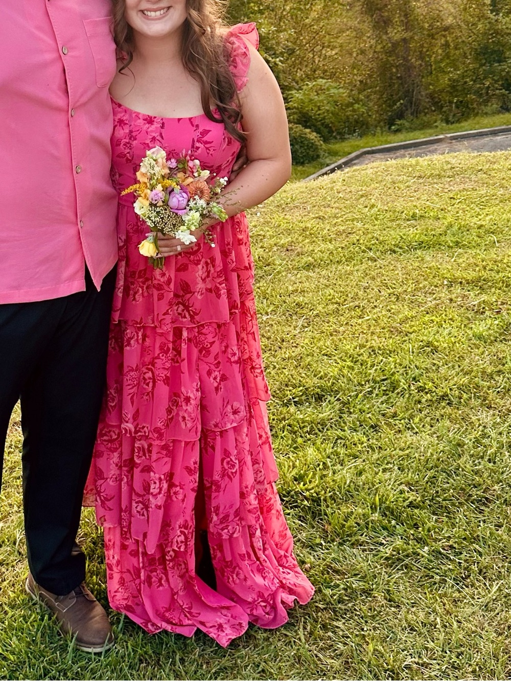 Revelry Hot Pink Tiered Floral Ruffle Bridesmaid’s Dress